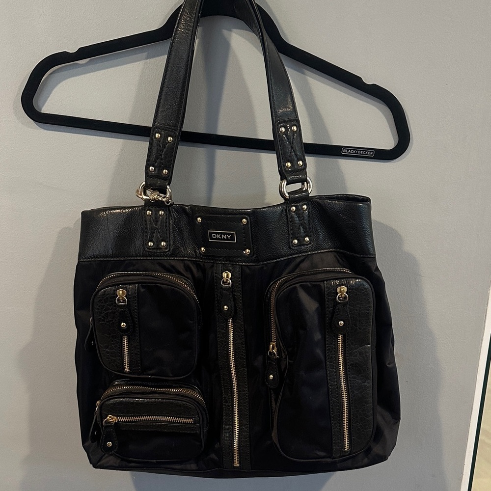 DKNY Black Messenger Bag with Gold Accents